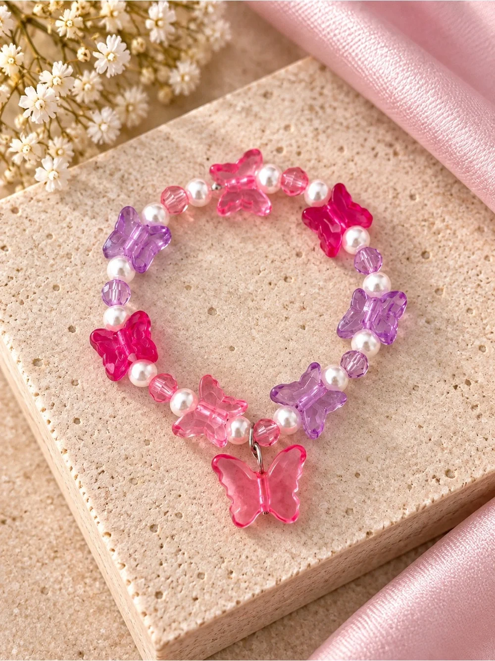 Kids Butterfly Bead Bracelet - Pink & Purple